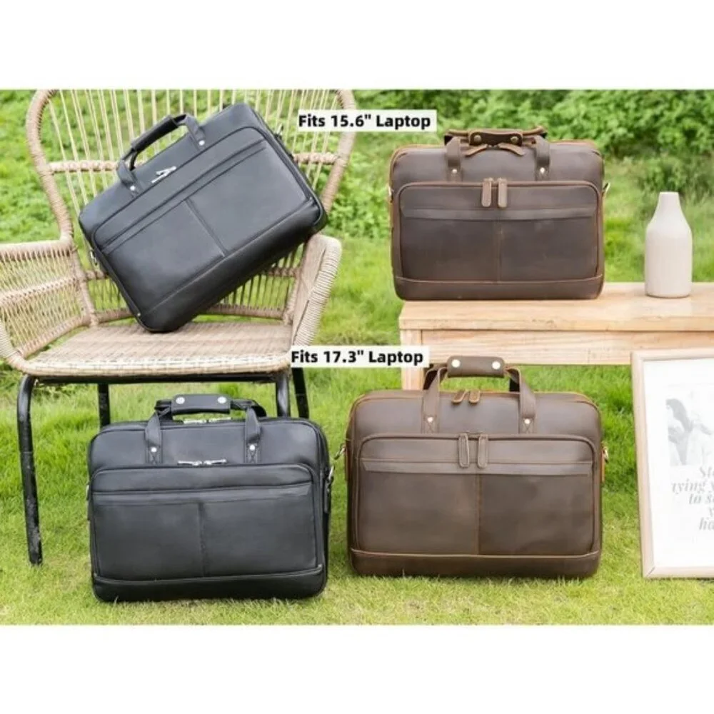⚡Men Deep Brown Fits 15.6 Inch Laptop Crossbody Bag Attached Leather Briefcase